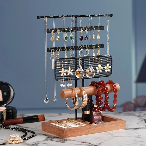 Multi Layer Jewelry Display Stand Metal And Wood Necklace Earring Holder Desktop Organizer Nordic Style