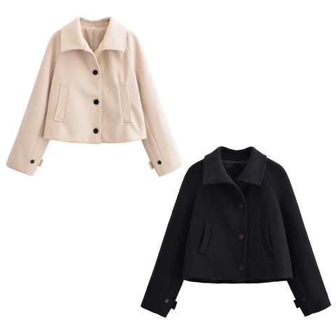 Giacca Corta Da Donna Effetto Lana Revers Monopetto Maniche Lunghe Colore Solido Cappotto Casual