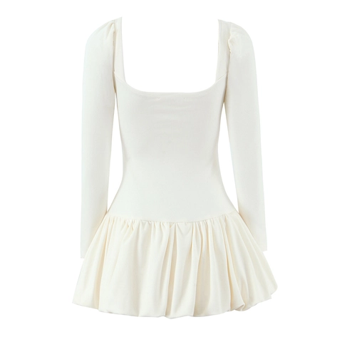 Balletcore Square Neck Mini Dress Long Sleeve Polyester Spandex Bow Tie Shoulder Bubble Hem Ruffle Sexy For Women