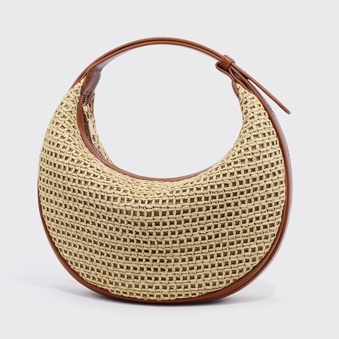 Summer Woven Straw Shoulder Bag Casual PU Leather Patchwork Crescent Hobo Bag Women Fashion Vacation Underarm Bag