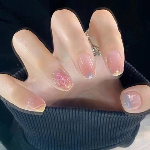 Kunstnagels Om Op Te Plakken Kort Rond Schattig 3D Beer Strass Roze Verloop Kunstparels Decor Kunstmatige Nagels Lijm