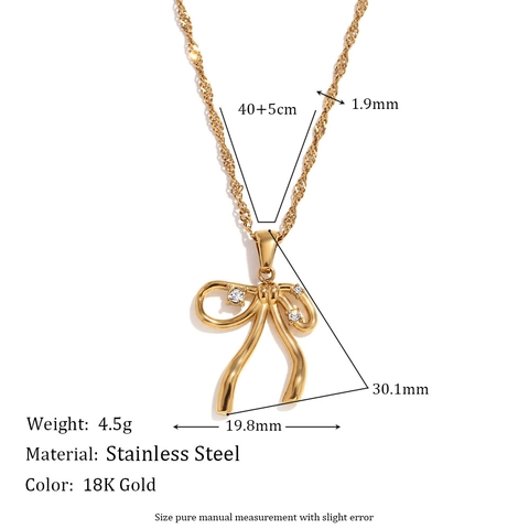 Collana Con Pendente A Fiocco Dolce Acciaio Inossidabile Placcato Oro 18K Con Strass Gioielli Da Donna