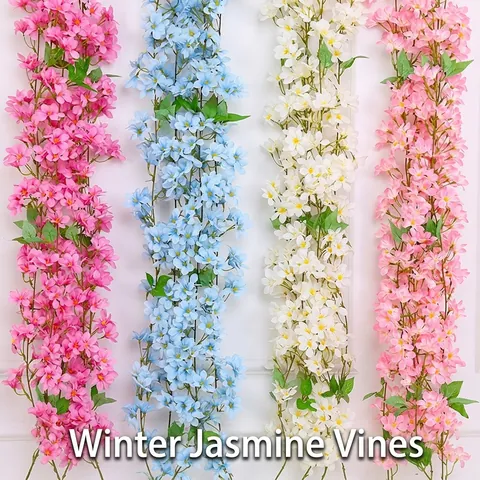 Satin Artificial Cherry Blossom Vine Hanging Faux Winter Jasmine Garland For Wedding Party Home Decor Wall Decoration
