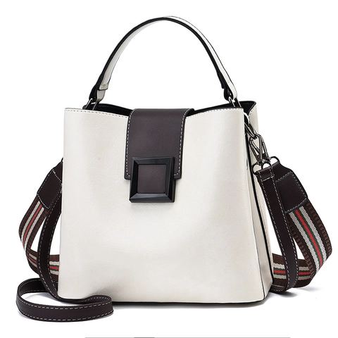 Women Retro PU Leather Bucket Bag With Wide Striped Strap Square Metal Buckle Crossbody Shoulder Handbag For Daily Use