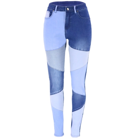 High Waist Patchwork Denim Jeans For Women Skinny Slim Fit Color Block Stretch Cotton Trousers Urban Streetwear Casual