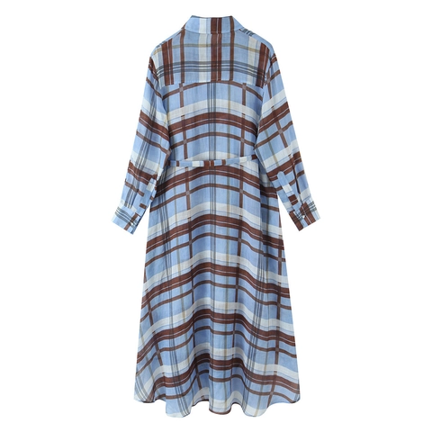 Kariertes Langarm Hemdkleid Damen Polyester Knopfleiste Mit Gürtel Unregelmäßiger Saum Lässiges Elegantes Maxikleid