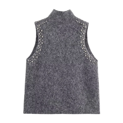 Dames Mouwloze Gebreide Top Met Strass Mock Neck Wolmix Elegante Feestvest Grijs Chique Zachte Pullover