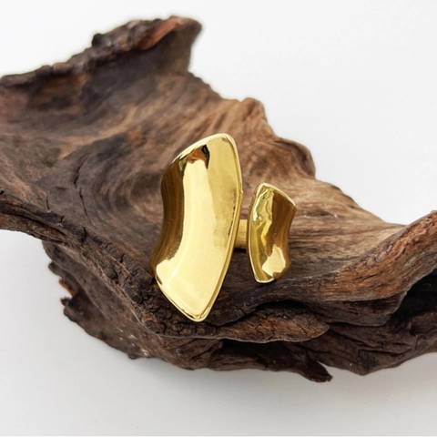 Klobiger Offener Ring 316L Edelstahl 18K Vergoldet Geometrischer Unregelmäßiger Wellen Metallstil Verstellbar Damen