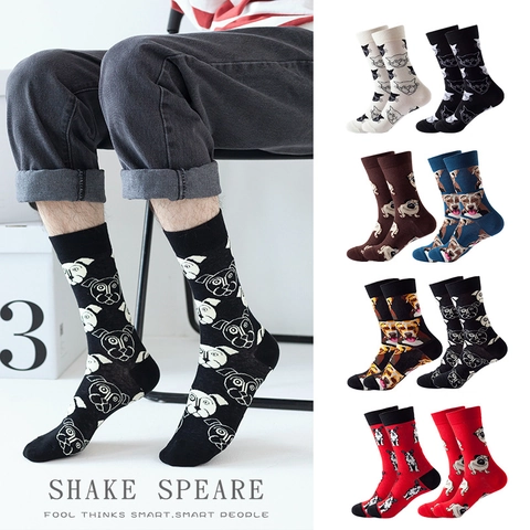Crew Socks Cotton Blend Animal Pattern Cartoon Bulldog Pug Cat Head Print Casual Trendy Fun Fashion Footwear For Unisex