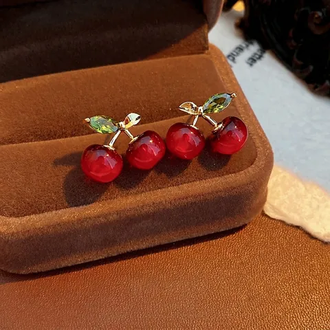 Red Resin Cherry Stud Earrings With Green Zircon Leaf Gold Copper Stem Silver Earring Post Sweet Fashion Jewelry For Women