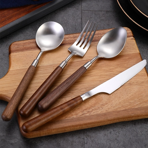 Posate In Acciaio Inossidabile 304 Con Manico In Legno Di Noce Stile Giapponese Retrò Coltello Forchetta Cucchiaio Casa