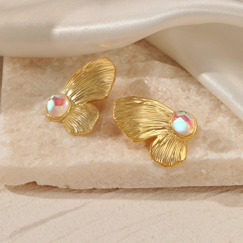 Butterfly Wing Stud Earrings Stainless Steel Gold Plated Iridescent Opal Stone Retro Fashion Jewelry For Women Elegant Accessory
