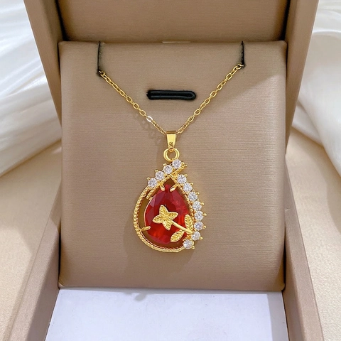 Collana Con Ciondolo A Goccia Con Gemma Rossa Catena In Acciaio Al Titanio Rame Fiore Farfalla Gioielli Vintage Eleganti Per Donna