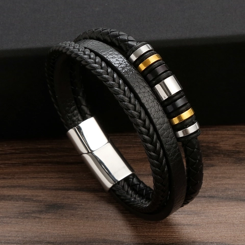 Bracciale In Pelle Intrecciata Multistrato Da Uomo Chiusura Magnetica In Acciaio Inossidabile Gioielli Punk Di Moda