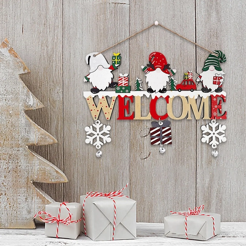 Christmas Welcome Sign Wooden Door Hanging Gnome Snowflake Bell Festive Holiday Home Decor