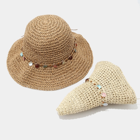Sombrero De Sol De Paja De Ganchillo Con Cuentas De Madera Y Colgantes De Concha Ala Ancha Transpirable Playa Vacaciones