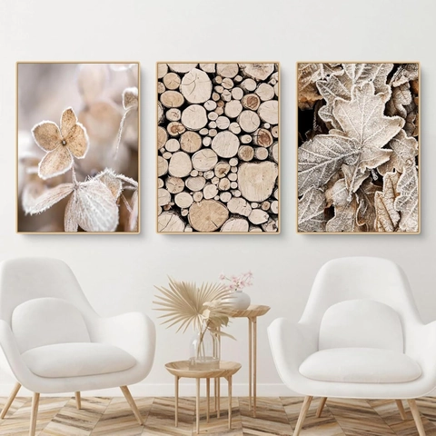 Nordic Autumn Plant Leaves Canvas Wall Art Unframed Wood Pile Frost Natural Style Modern Decor Living Room Bedroom Waterproof