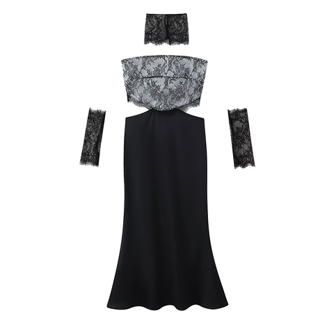Strapless Zwarte Satijnen Maxi Jurk Met Kant Patchwork Mouwen En Nekaccessoire Sexy Open Rug Avondjurk Voor Dames