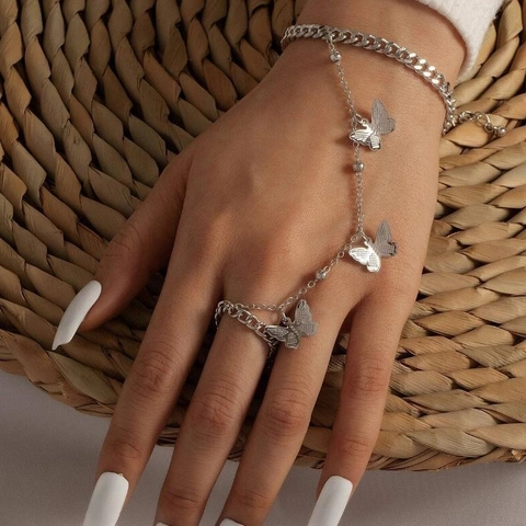 Schmetterling Handkette Armband Mit Ring Legierung Link Slave Armreif Vintage Schmuck Damen