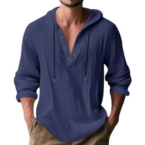Men's Casual Linen Henley Shirt Long Sleeve Loose Hooded Beach Yoga Top Breathable Woven Solid Color Fashion Urban Shirt
