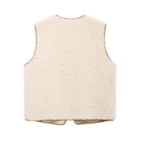 Women Lamb Wool Vest Fleece Waistcoat Contrast Trim Front Tie Sleeveless Warm Winter Outerwear
