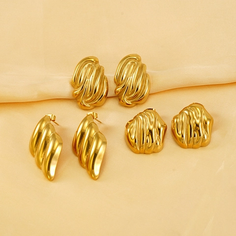 Edelstahl Ohrstecker 18K Vergoldet Unregelmäßige Geometrische Zerknitterte Wellenstruktur Minimalistischer Schmuck Damen
