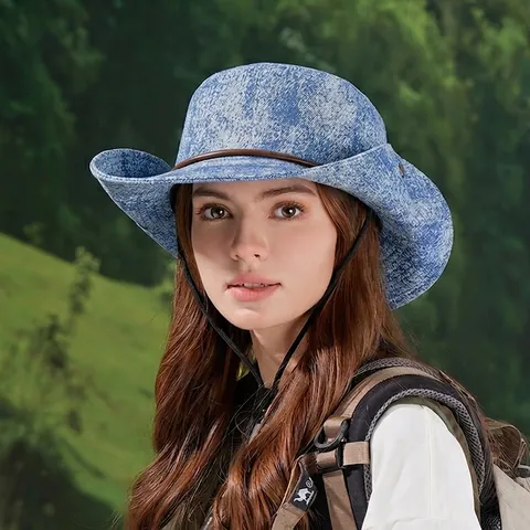 Wide Brim Washed Denim Bucket Hat Sun Protection Foldable Outdoor Hiking Fishing Hat With Adjustable Chin Strap