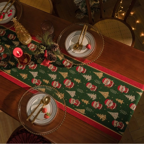 Christmas Table Runner Santa Claus Christmas Tree Jacquard Polyester Fabric With Tassels American Retro Dining Decor