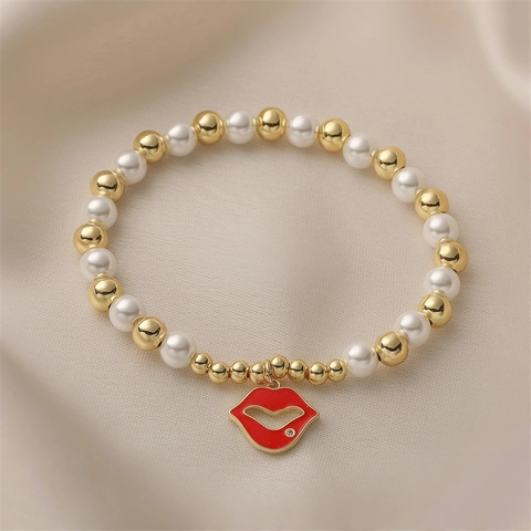 Red Enamel Heart Charm Bracelet With Imitation Artificial Pearl And Copper Beads Elastic Sweet Romantic Fashion Jewelry For Women
