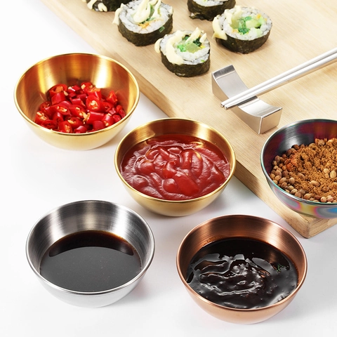 Edelstahl Saucenschalen Runde Dipping Schüsseln Gebürstetes Metall Gewürzplatten Sushi Sojasauce Appetithäppchen Restaurant Elegant