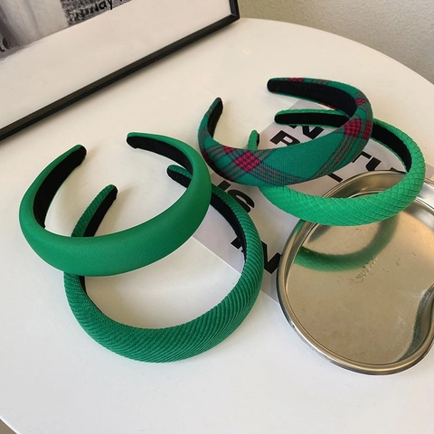 Green Padded Sponge Headbands For Women Fabric Ribbed Plaid Quilted Design High Top Retro Style Hair Accessories