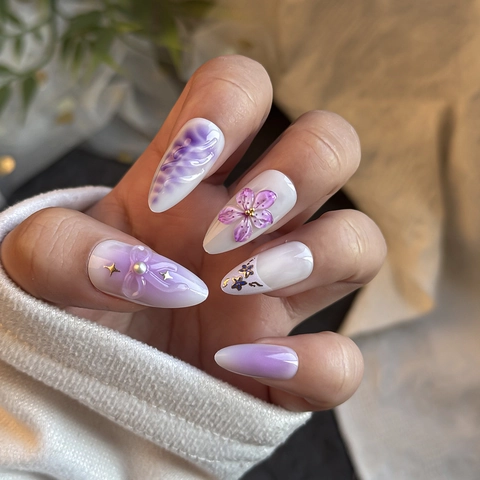 Purple White Gradient Press On Nails Almond Shape With 3D Flowers And Butterflies Long French Style For Women