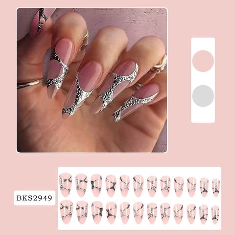 Unghie Finte Press On Lunghe Forma Mandorla Con Motivo Leopardo Argento Linee Metalliche Per Donne