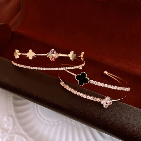 Elegante Brazalete Abierto De Trébol De Cuatro Hojas Cobre Circonita Doble Capa Pulsera Ajustable Para Mujer