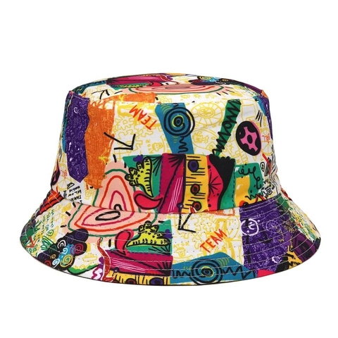 Chapeau Bob Graffiti Coloré Coton Imprimé Rétro Bob Protection Solaire Mode Unisexe Bord Large