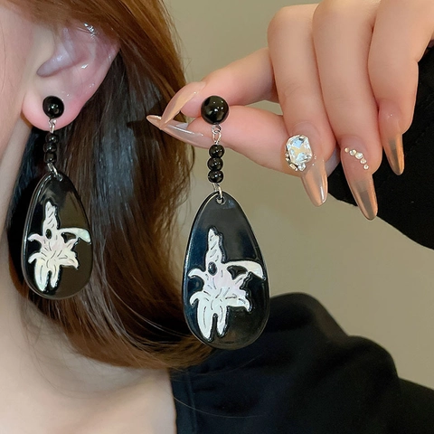 Vintage Schwarze Hängeohrringe Mit 925 Sterling Silver Earring Post Muschel Inlay Floral Herz Tropfenformen Für Damen
