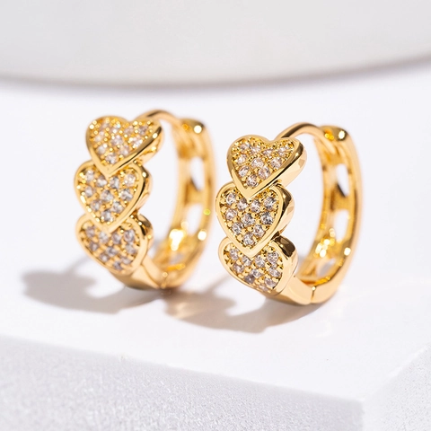 Triple Heart Hoop Earrings Copper Micro Pave Zircon Fashion Elegant Huggie Jewelry For Women Gold Silver Plated
