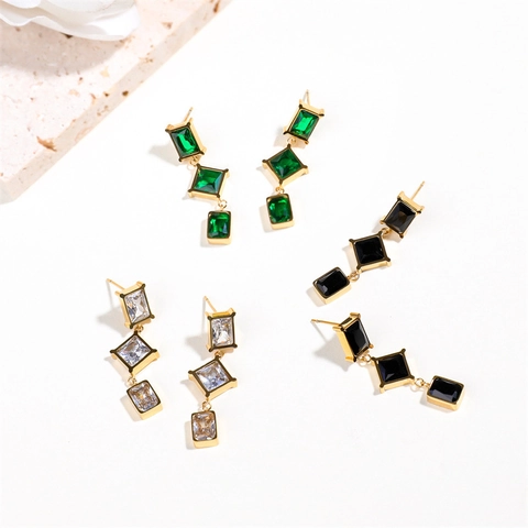 Geometric Drop Earrings Stainless Steel Square Zirconia Multi Stone Vertical Long Dangle Elegant Jewelry For Women