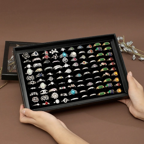 Large Capacity Ring Box Jewelry Display Case With Transparent Lid Multi Slot Velvet Liner Organizer For Earrings Studs