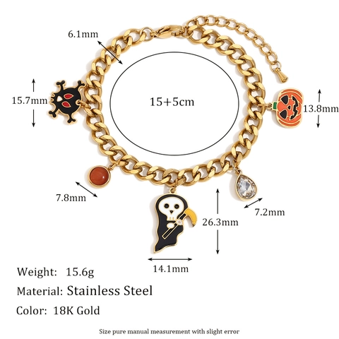 Halloween Anhänger Armband Edelstahl Gold Plattiert Panzerkette Mit Kürbis Totenkopf Geist Emaille Für Damen