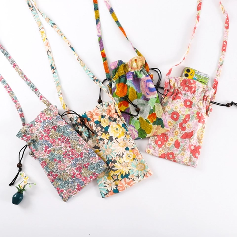 Pochette De Téléphone À Fleurs En Coton Avec Cordon De Serrage Et Perles En Bois Petit Sac À Bandoulière Style Vintage