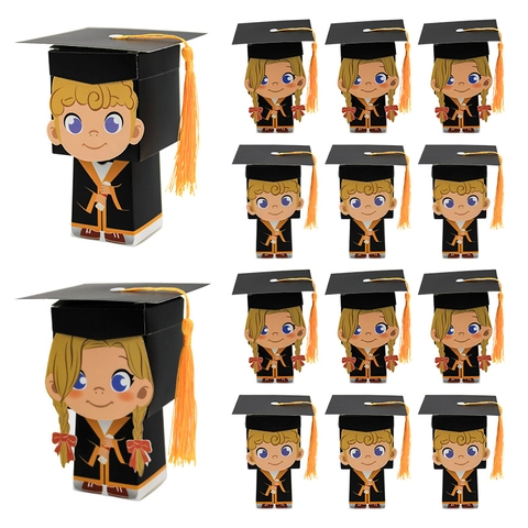 Graduation Cap Candy Box 3D Bachelor Hat Shape Paper Gift Boxes With Tassel For Ceremony Party Favor Cartoon Style