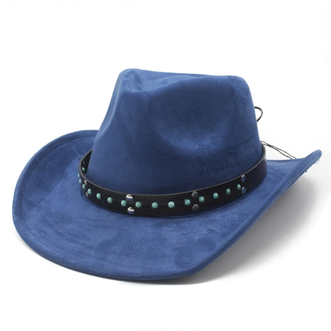 Western Cowboy Hat Suede Polyester Wide Brim Ethnic Turquoise Bead Leather Band Retro Fedora For Men Women