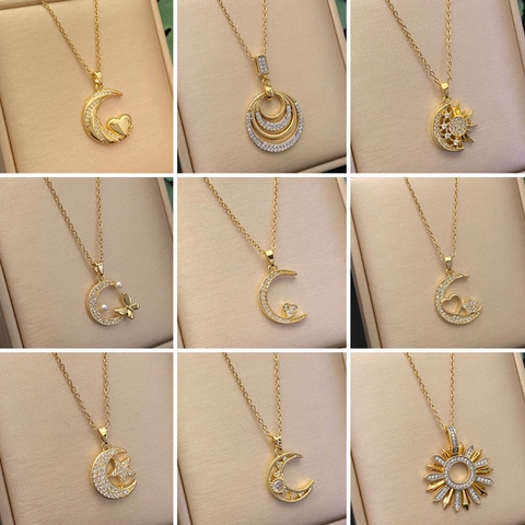Fashion Copper Gold Plated Star Moon Pendant Necklace Rhinestone Artificial Pearl Heart Butterfly Charms Jewelry For Women
