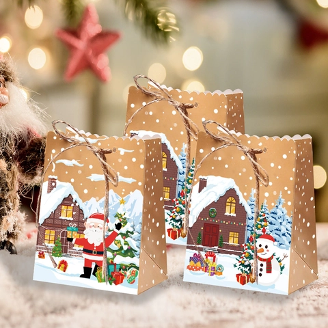 Weihnachtsgeschenktüten Kraftpapier Bonbon Kekse Boxen Mit Hanfseil Weihnachtsmann Schneemann Muster Festliche Party