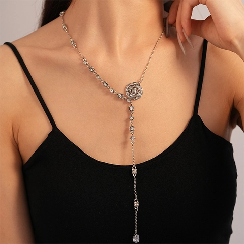 Elegant Rose Flower Y Necklace Silver Tone Alloy Rhinestone Inlaid Long Chain Water Drop Pendant Jewelry For Women