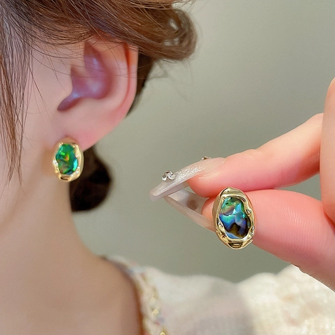 Pendientes De Botón Geométricos Irregulares Vintage Franceses Con Concha De Abulón Y Poste De Plata Esterlina 925
