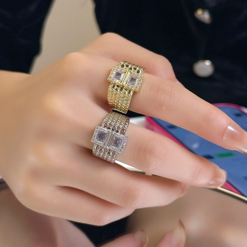 Doppel Quadrat Zirkonia Breiter Ring Titanstahl Wabenmuster Größenverstellbar Punk Hip Hop Schmuck Unisex