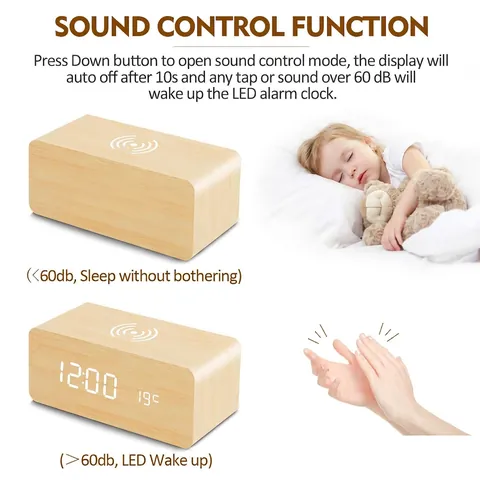 Wooden LED Digital Alarm Clock With Wireless Charging Temperature Display Sound Control Desk Bedside Table Decor