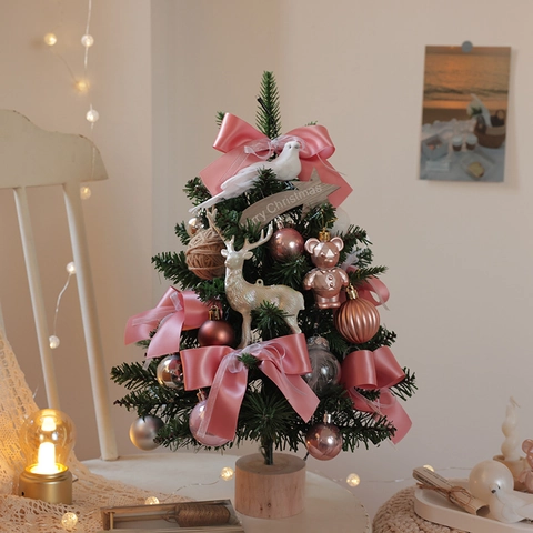 Mini Desktop Christmas Tree With LED String Lights Ornaments And Wooden Base For Holiday Table Decoration